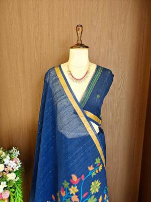Teal silk blend printed saree with zari work 2