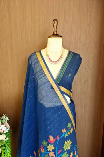 Teal silk blend printed saree with zari work