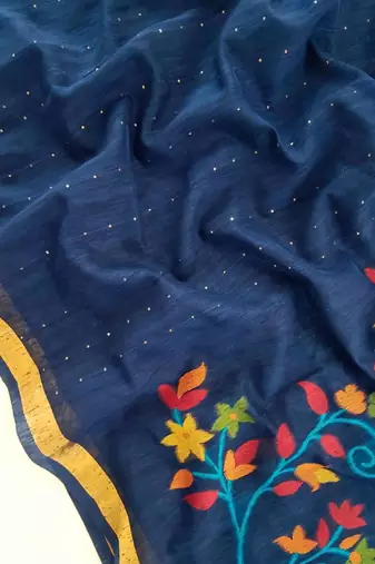 Teal silk blend printed saree with zari work