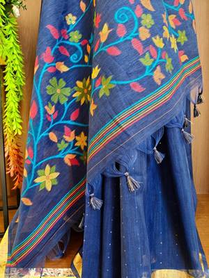 Teal silk blend printed saree with zari work 4