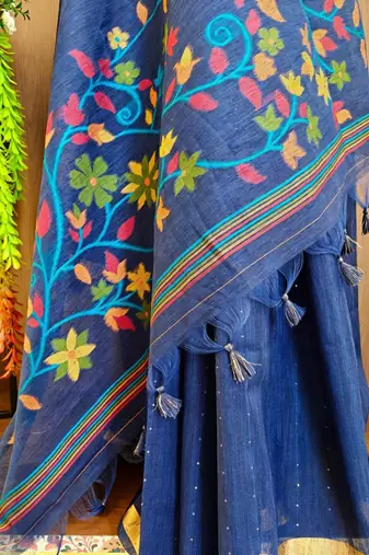 Teal silk blend printed saree with zari work