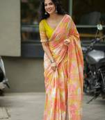 Multicolor linen printed saree with floral print