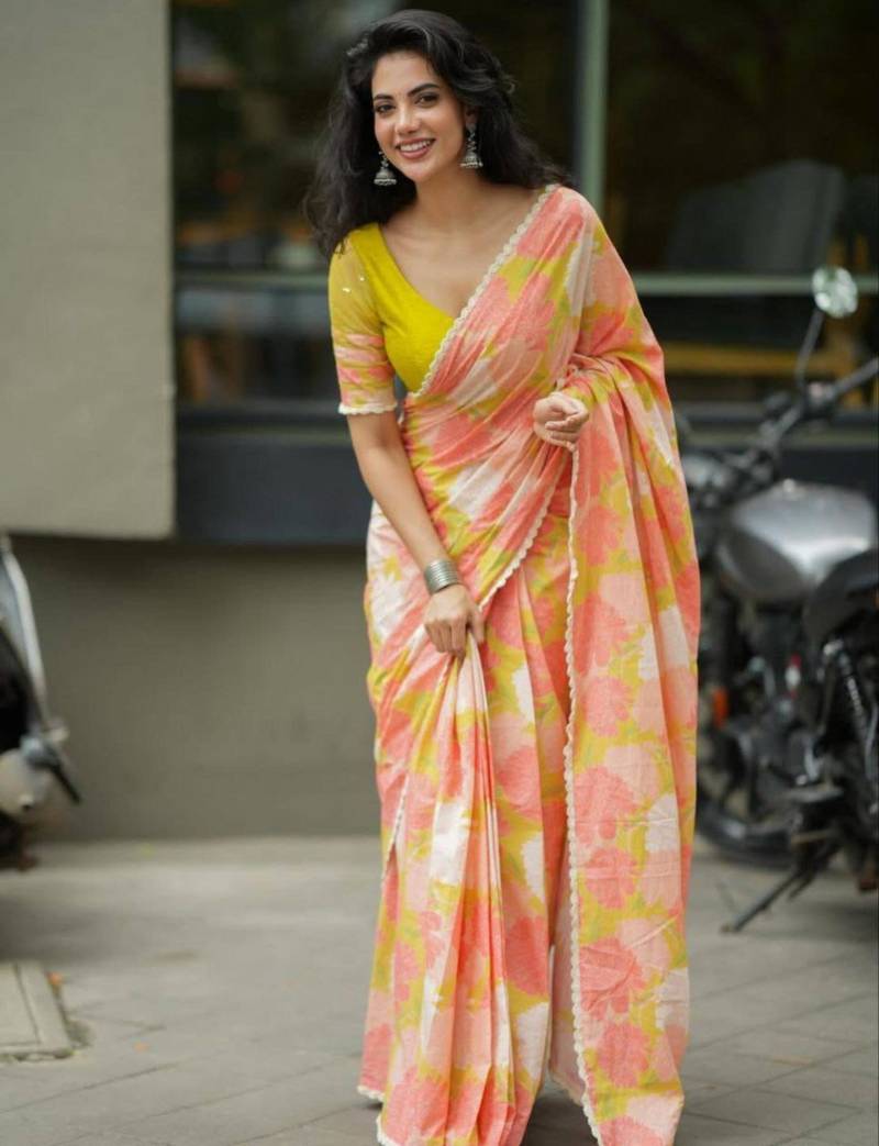 Multicolor linen printed saree with floral print