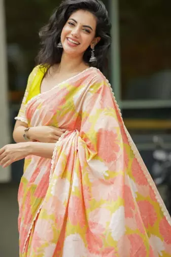 Multicolor linen printed saree with floral print