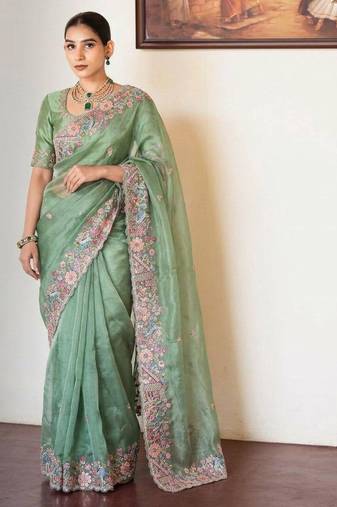 Sea green tissue embroidered saree with thread work