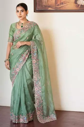 Sea green tissue embroidered saree with thread work