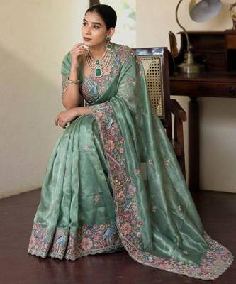 Sea green tissue embroidered saree with thread work 2
