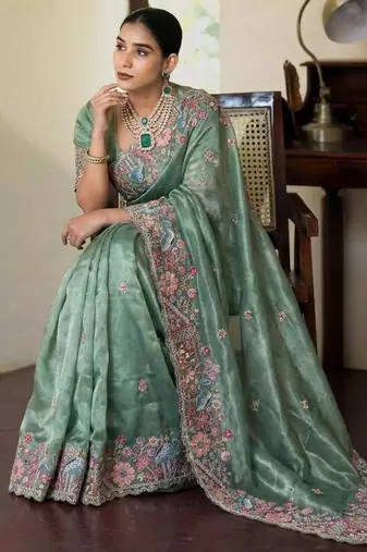 Sea green tissue embroidered saree with thread work