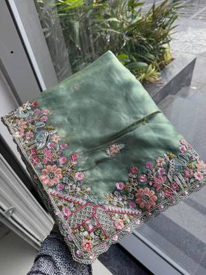 Sea green tissue embroidered saree with thread work 3