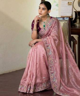 Onion pink tissue embroidered saree with thread work 2