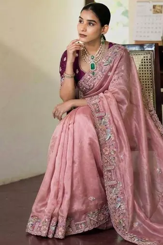 Onion pink tissue embroidered saree with thread work