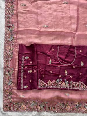 Onion pink tissue embroidered saree with thread work 3