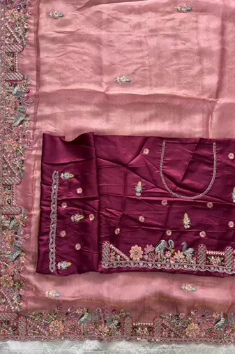 Onion pink tissue embroidered saree with thread work