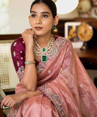 Onion pink tissue embroidered saree with thread work 4