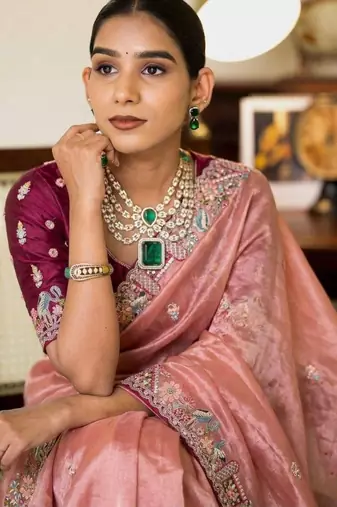 Onion pink tissue embroidered saree with thread work