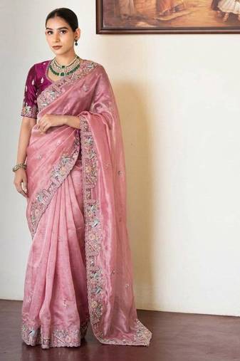 Onion pink tissue embroidered saree with thread work