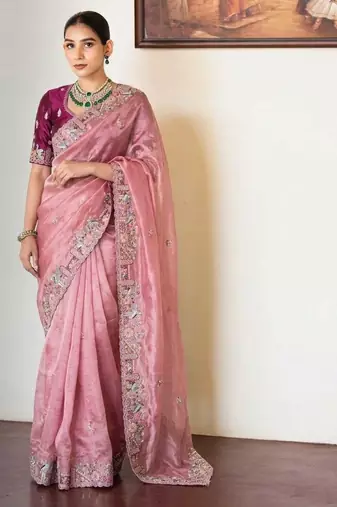 Onion pink tissue embroidered saree with thread work