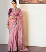 Onion pink tissue embroidered saree with thread work