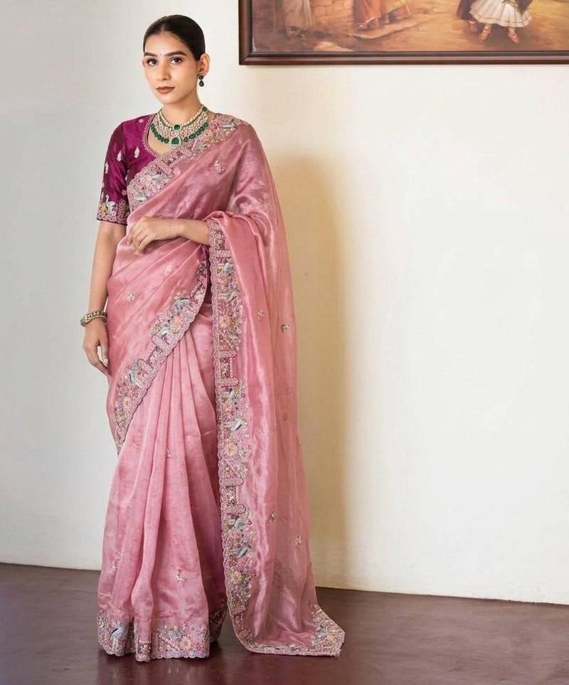 Onion pink tissue embroidered saree with thread work