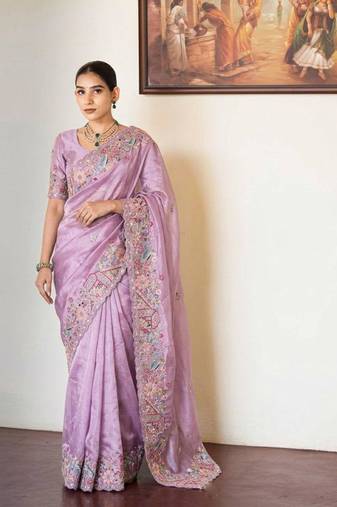 Lavender tissue embroidered saree with thread work