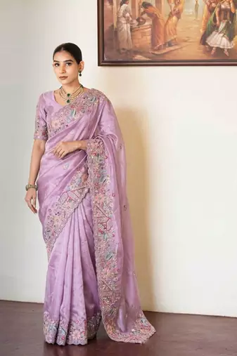Lavender tissue embroidered saree with thread work