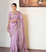 Lavender tissue embroidered saree with thread work