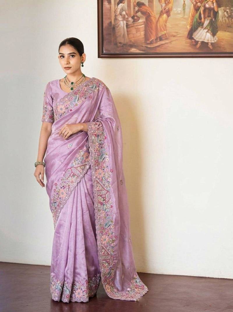 Lavender tissue embroidered saree with thread work