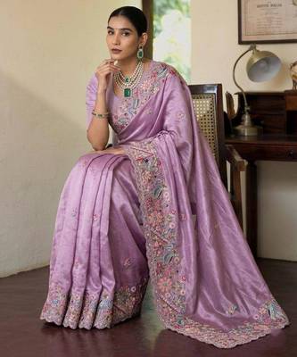 Lavender tissue embroidered saree with thread work 2