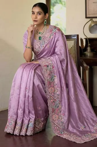 Lavender tissue embroidered saree with thread work