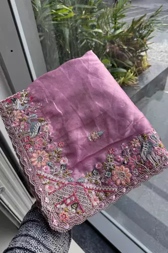 Lavender tissue embroidered saree with thread work