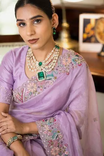 Lavender tissue embroidered saree with thread work