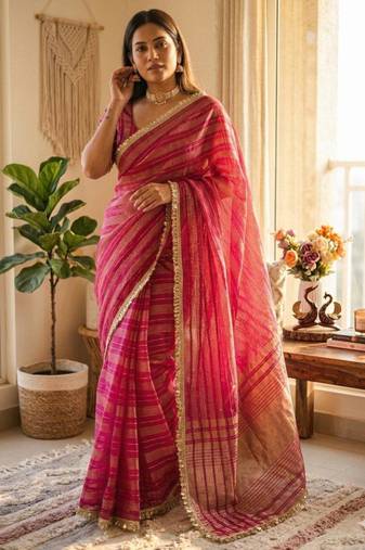 Pink tissue printed saree with stripes print