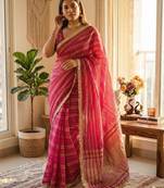Pink tissue printed saree with stripes print