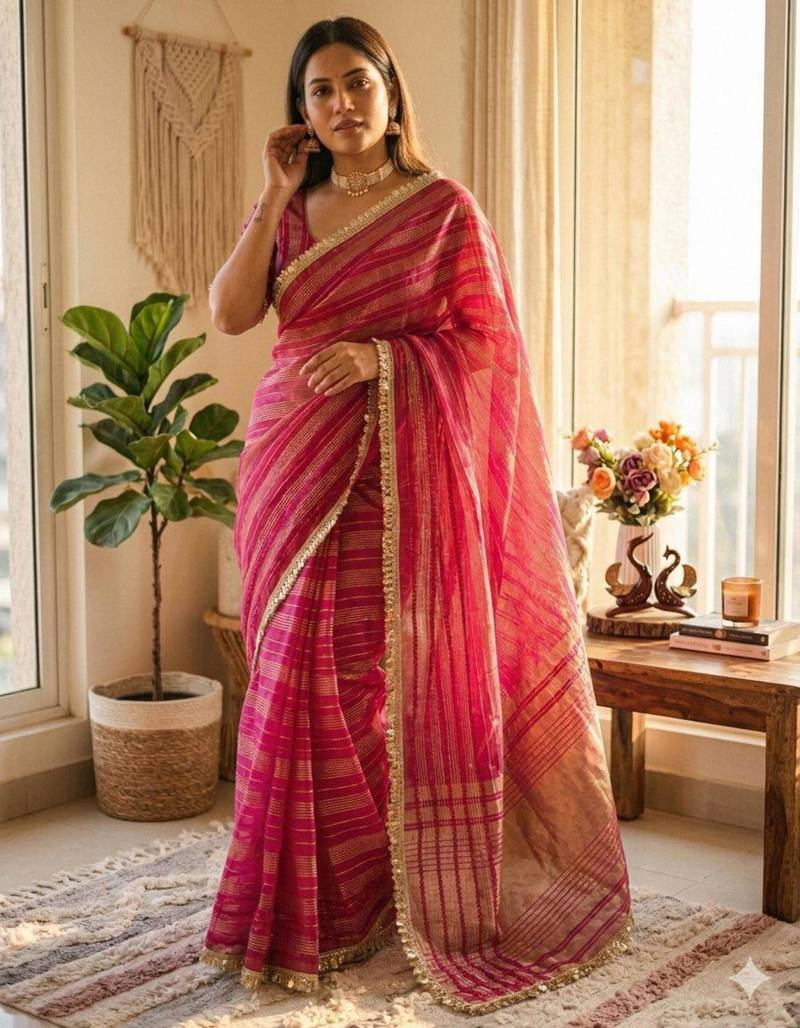 Pink tissue printed saree with stripes print