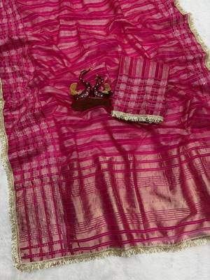 Pink tissue printed saree with stripes print 2