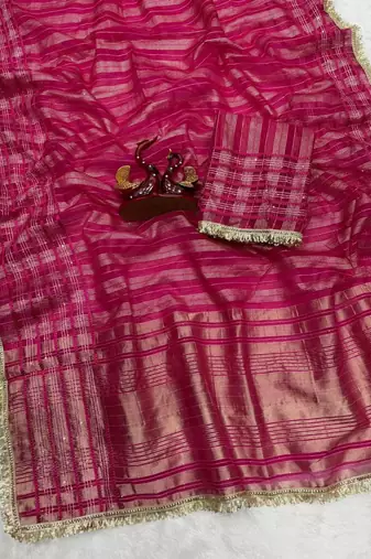 Pink tissue printed saree with stripes print