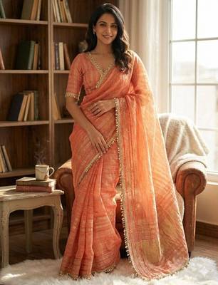Orange tissue printed saree with stripes print 2