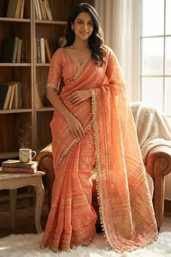Orange tissue printed saree with stripes print