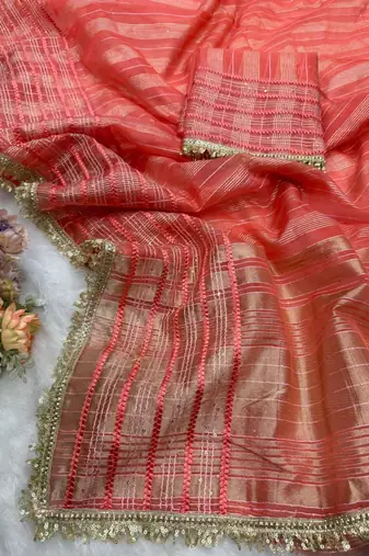 Orange tissue printed saree with stripes print