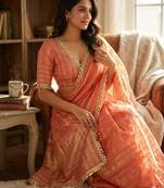 Orange tissue printed saree with stripes print