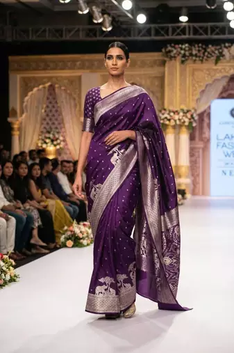 Purple silk blend printed saree with zari work