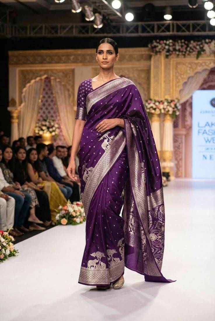 Purple silk blend printed saree with zari work