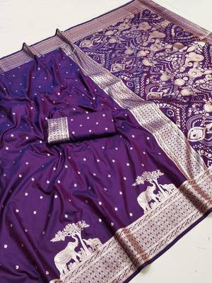 Purple silk blend printed saree with zari work 2