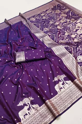 Purple silk blend printed saree with zari work
