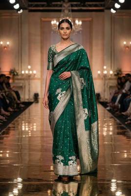Green silk blend printed saree with zari work 1