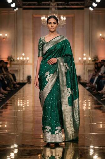 Green silk blend printed saree with zari work
