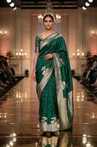 Green silk blend printed saree with zari work
