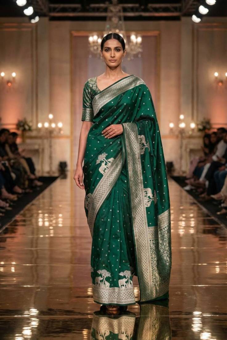Green silk blend printed saree with zari work