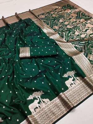Green silk blend printed saree with zari work 2