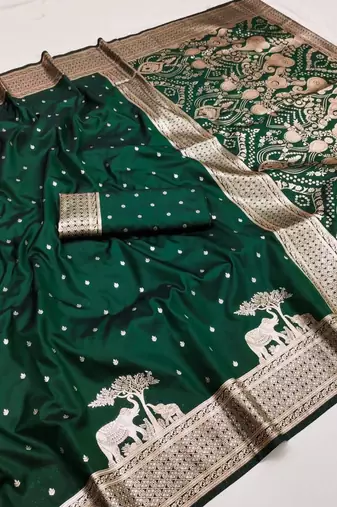 Green silk blend printed saree with zari work